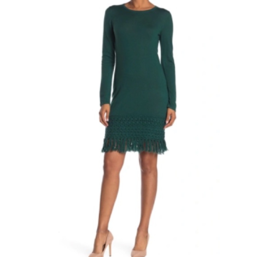 Trina Turk Over Ice Long Sleeve Emerald Tassel Hem Merino Wool Dress W-696 Sz S